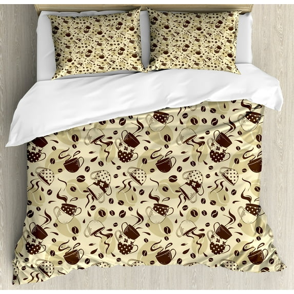Modern Duvet Cover Set, Contemporary Coffee Cups Polka Dots and Beans Roasted Graphic Design, Decorative 3 Piece Bedding Set with 2 Pillow Shams, Queen Size, Cream and Brown, by Ambesonne