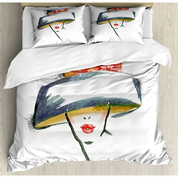 Modern Duvet Cover Set, Contemporary Fashion Woman Vintage Hat Romantic Print, Decorative 3 Piece Bedding Set with 2 Pillow Shams, Queen Size, Blue Grey Red Yellow, by Ambesonne