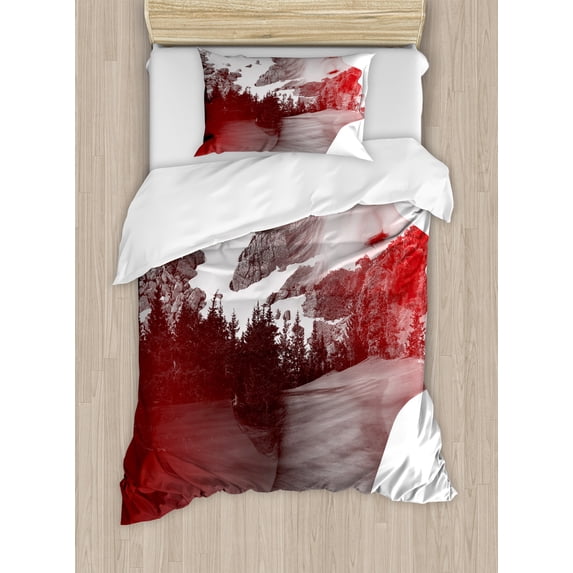 Modern Duvet Cover Set, Double Exposure Woman Portrait Combined with Rocky Mountain Pine Trees Image, Decorative 2 Piece Bedding Set with 1 Pillow Shams, Twin Size, Dimgrey Ruby White, by Ambesonne