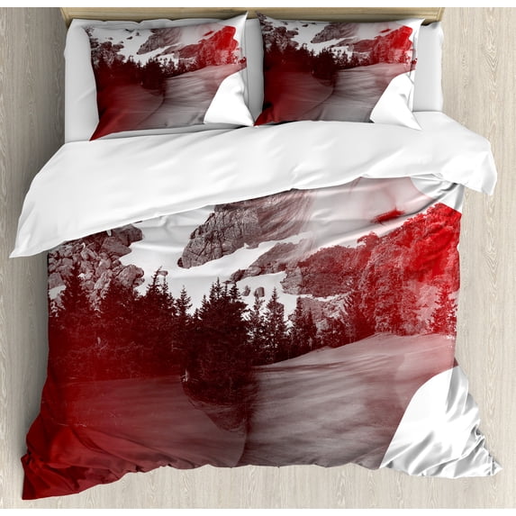 Modern Duvet Cover Set, Double Exposure Woman Portrait Combined with Rocky Mountain Pine Trees Image, Decorative 3 Piece Bedding Set with 2 Pillow Shams, Queen Size, Dimgrey Ruby White, by Ambesonne
