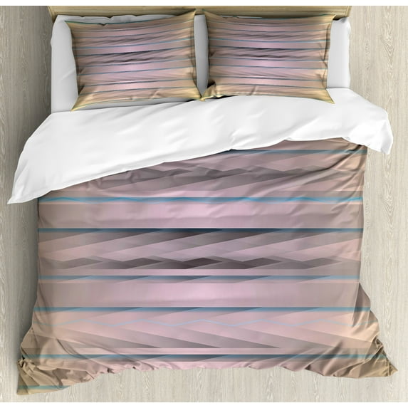 Modern Duvet Cover Set, Earth Toned Fractured Zig Zag Dimensions Horizontal Lines Flat Type Art Print, Decorative 3 Piece Bedding Set with 2 Pillow Shams, Queen Size, Taupe Teal, by Ambesonne