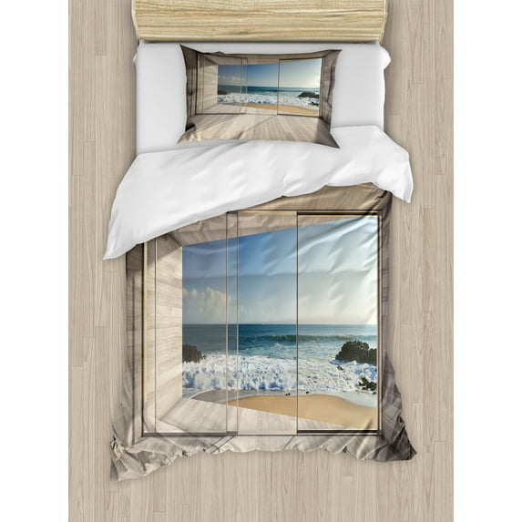 Modern Duvet Cover Set, Empty Lounge Area Large Window and View of Sea Waves Rocks Art, Decorative 2 Piece Bedding Set with 1 Pillow Shams, Twin Size, Beige Blue White, by Ambesonne