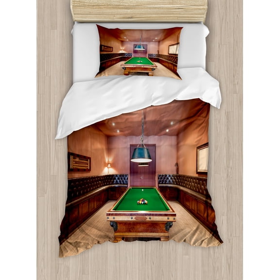 Modern Duvet Cover Set, Entertainment Room in Mansion Pool Table Billiard Lifestyle Photo Print, Decorative 2 Piece Bedding Set with 1 Pillow Shams, Twin Size, Cinnamon Brown Green, by Ambesonne