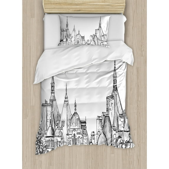 Modern Duvet Cover Set, European City Landscape Sketchy Painting with Landsmarks Image Print, Decorative 2 Piece Bedding Set with 1 Pillow Shams, Twin Size, Black and White, by Ambesonne
