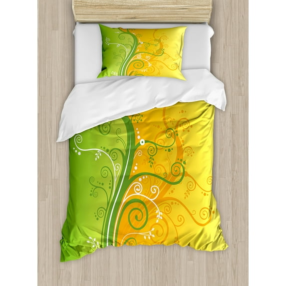 Modern Duvet Cover Set, Floral Flower Swirls Leaves on the Branches Design Modern Print, Decorative 2 Piece Bedding Set with 1 Pillow Shams, Twin Size, Pale Green Marigold, by Ambesonne