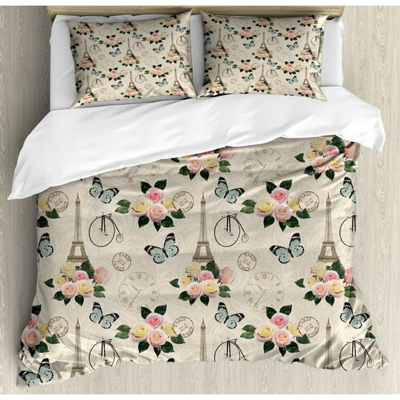 Modern Duvet Cover Set, French Eiffel Tower Shabby Form Style Garden Roses Butterfly Flowers Leaves Art, Decorative 3 Piece Bedding Set with 2 Pillow Shams, Queen Size, Multicolor, by Ambesonne