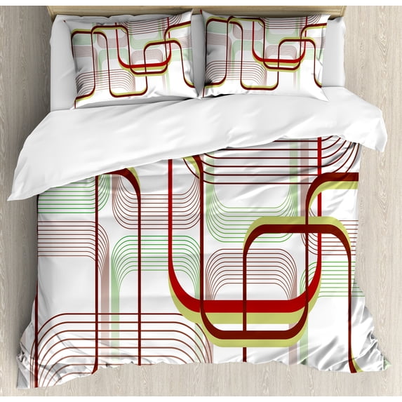 Modern Duvet Cover Set, Geometric Contemporary Wavy Lines with Abstract Shapes Designs Art Image, Decorative 3 Piece Bedding Set with 2 Pillow Shams, Calking Size, Khaki Burgundy White, by Ambesonne