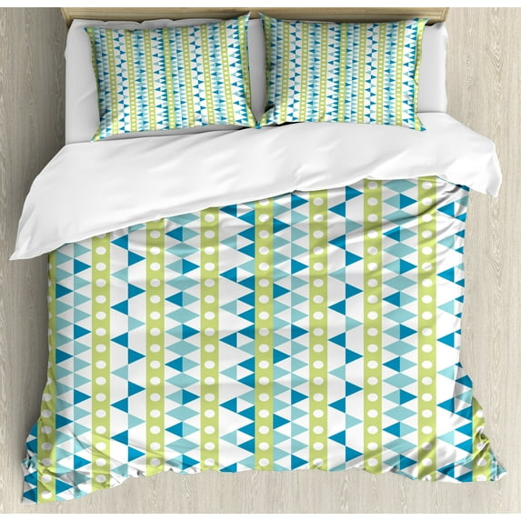 Modern Duvet Cover Set, Geometric Illustration Placed Vertically on a Plain Background, Decorative 3 Piece Bedding Set with 2 Pillow Shams, Calking Size, Avocado Green Sea Blue, by Ambesonne