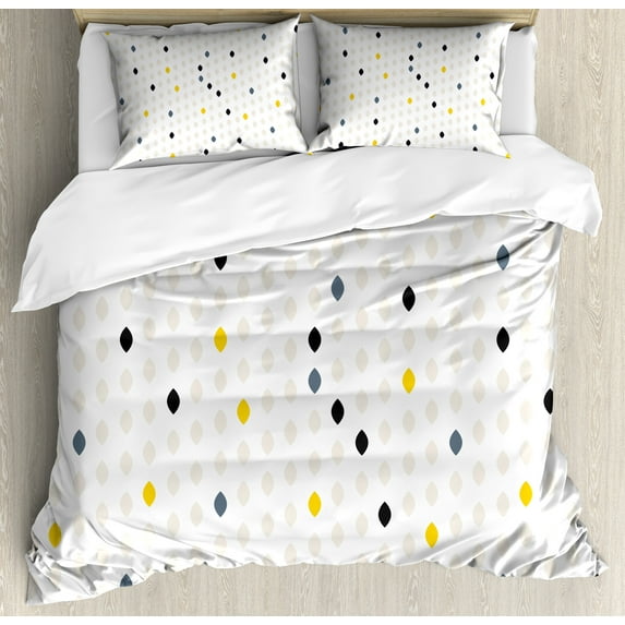 Modern Duvet Cover Set, Modern Geometric Shapes Polka Dot Tear Drop Forms Pattern Graphic Art Print, Decorative 3 Piece Bedding Set with 2 Pillow Shams, King Size, Yellow White Grey, by Ambesonne