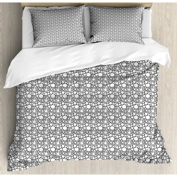 Modern Duvet Cover Set, Geometric Theme Abstract Illustration Big and Small Circles Motifs, Decorative 3 Piece Bedding Set with 2 Pillow Shams, Queen Size, Charcoal Grey and Pale Taupe, by Ambesonne