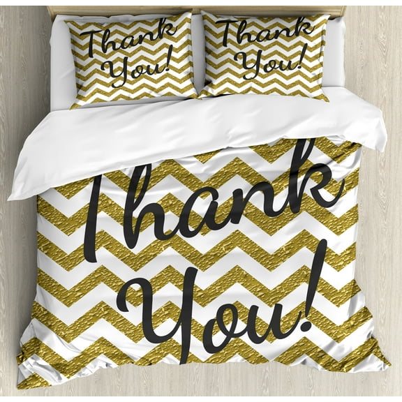 Modern Duvet Cover Set, Geometric Zig Zag Colored Little Stones Like Stripes with Thank You Words, Decorative 3 Piece Bedding Set with 2 Pillow Shams, King Size, Charcoal Grey Yellow, by Ambesonne