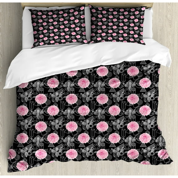 Modern Duvet Cover Set, Geometrical Abstract Forms Cactus Plant and Blossoming Spring Flowers, Decorative 3 Piece Bedding Set with 2 Pillow Shams, Calking Size, Charcoal Grey Pink White, by Ambesonne