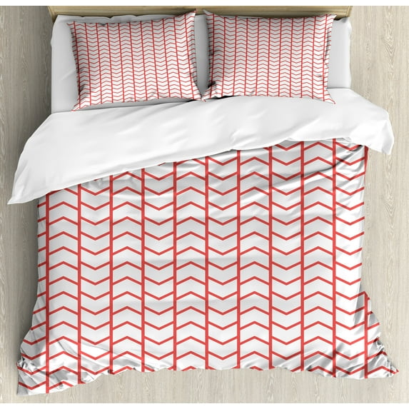 Modern Duvet Cover Set, Geometrical Chevron Lines and Triangle Shaped Border Seem Art Image, Decorative 3 Piece Bedding Set with 2 Pillow Shams, Queen Size, Dark Coral and White, by Ambesonne
