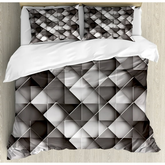 Modern Duvet Cover Set, Geometrical Design with Grey Ombre Colored Squares Print, Decorative 3 Piece Bedding Set with 2 Pillow Shams, Calking Size, Charcoal Grey White, by Ambesonne