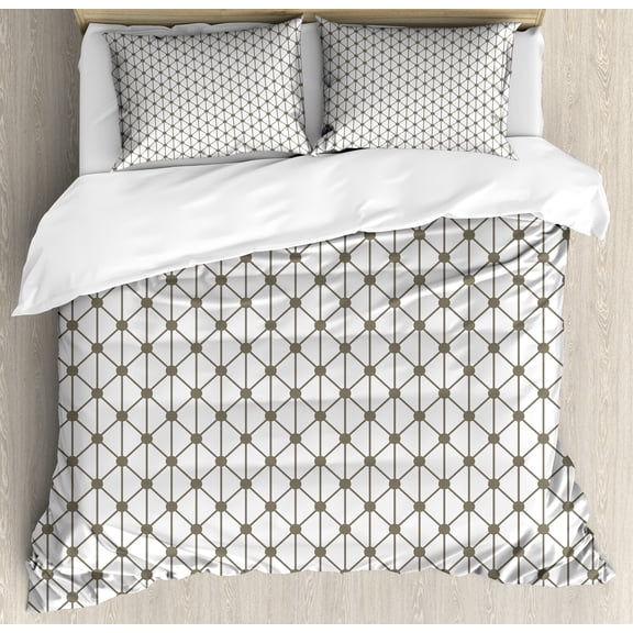 Modern Duvet Cover Set, Geometrical Diamonds Square Shaped Striped Crosses with Dots Image Print, Decorative 3 Piece Bedding Set with 2 Pillow Shams, King Size, Sage Green and White, by Ambesonne