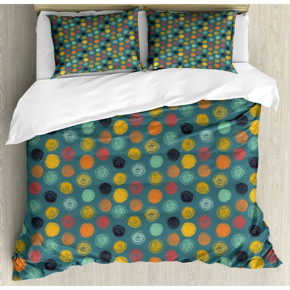 Modern Duvet Cover Set, Geometrical Sketchy Abstract Image with Colorful Circles on Jade Green Backdrop, Decorative 3 Piece Bedding Set with 2 Pillow Shams, Calking Size, Multicolor, by Ambesonne