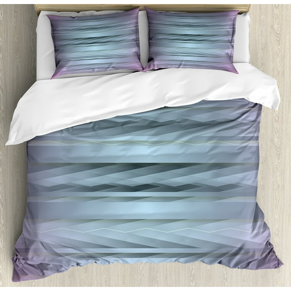 Modern Duvet Cover Set, Gradient Toned Zig Zag Retro 80s Party Style Fragmented Stripes Graphic Art, Decorative 3 Piece Bedding Set with 2 Pillow Shams, Calking Size, Lilac Blue, by Ambesonne