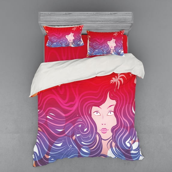 Modern Duvet Cover Set, Graphic Little Mermaid Face and Wavy Hair Vibrant Colors Fantasy Woman Artwork, Bedding Set with Shams and Fitted Sheet, 3 Sizes, by Ambesonne