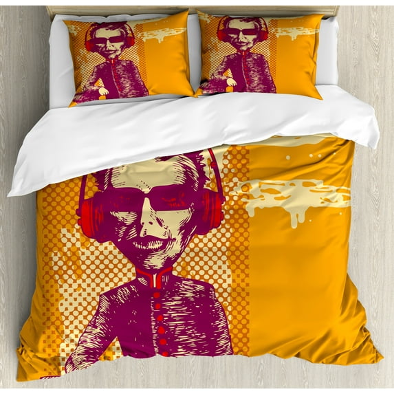 Modern Duvet Cover Set, Grotesque Man in Headphones Listening Music Culture with Grunge Illustration, Decorative 3 Piece Bedding Set with 2 Pillow Shams, Queen Size, Marigold Maroon, by Ambesonne