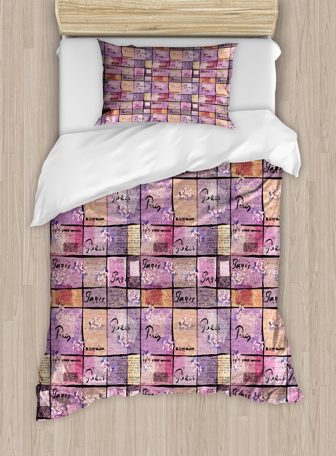 Modern Duvet Cover Set, Hand Drawn Style Watercolored Collage with ...