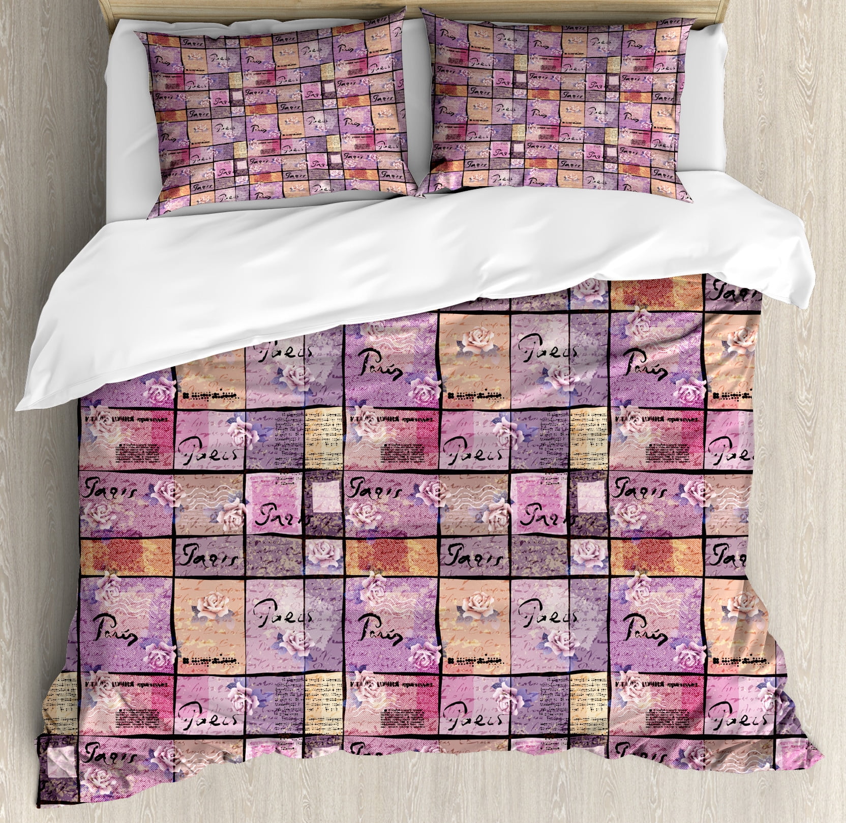 Modern Duvet Cover Set, Hand Drawn Style Watercolored Collage with ...