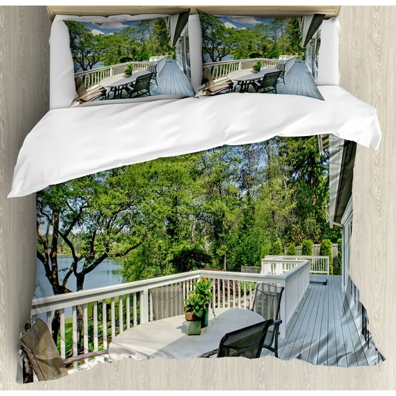Modern Duvet Cover Set, Home Patio Balcony with Peaceful Woods in Clear Sunny Sky Photograph, Decorative 3 Piece Bedding Set with 2 Pillow Shams, Queen Size, White Green and Sky Blue, by Ambesonne