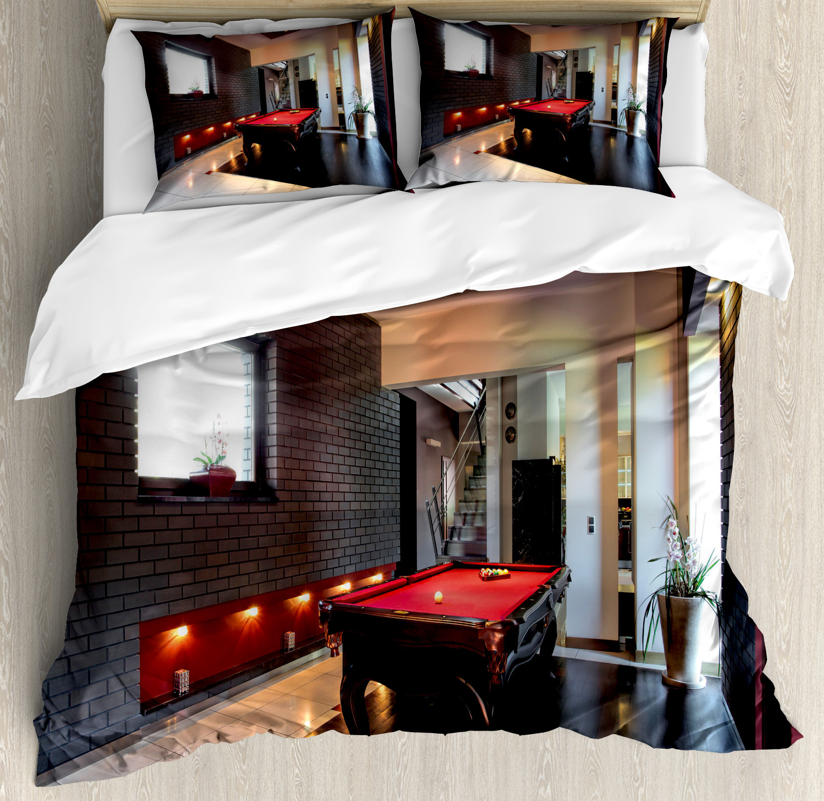Modern Duvet Cover Set, House with Snooker Table Hobby Pool Game Flat