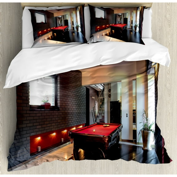 Modern Duvet Cover Set, House with Snooker Table Hobby Pool Game Flat Furniture Leisure Time Print, Decorative 3 Piece Bedding Set with 2 Pillow Shams, Queen Size, Red Brown White, by Ambesonne