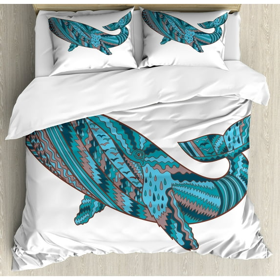 Modern Duvet Cover Set, Humpback Whale by Abstract Sea Underwater Art Print, Decorative 3 Piece Bedding Set with 2 Pillow Shams, Calking Size, Teal Blue Dried Rose, by Ambesonne