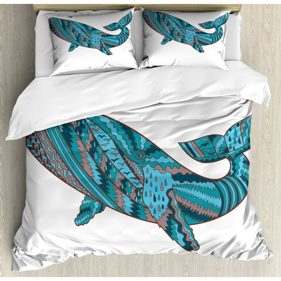 Modern Duvet Cover Set, Humpback Whale by Abstract Sea Underwater Art Print, Decorative 3 Piece Bedding Set with 2 Pillow Shams, Queen Size, Teal Blue Dried Rose, by Ambesonne