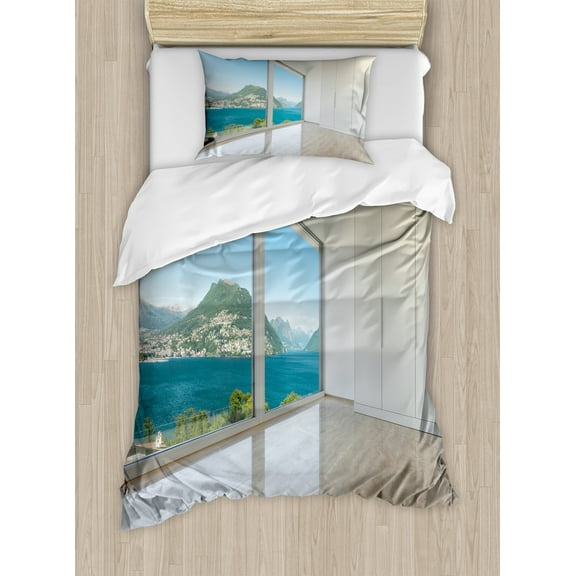 Modern Duvet Cover Set, Interior of Penthouse Empty Living Room Large Windows Sea Mountains View Art, Decorative 2 Piece Bedding Set with 1 Pillow Shams, Twin Size, White Blue Beige, by Ambesonne
