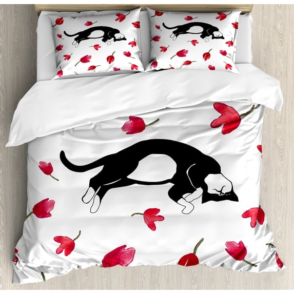 Modern Duvet Cover Set King Size, Cute Kitty Sleeping Surrounded by Tulips Cat Animal Pet Lovely Creature Print, Decorative 3 Piece Bedding Set with 2 Pillow Shams, Black White Pink, by Ambesonne