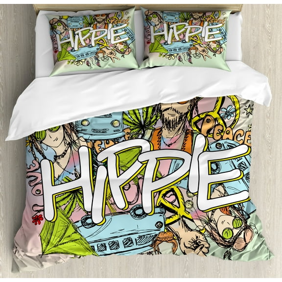 Modern Duvet Cover Set King Size, Hippie Life with Man and Woman Peace Symbol Pacifism Liberal Sketch Illustration, Decorative 3 Piece Bedding Set with 2 Pillow Shams, Multicolor, by Ambesonne