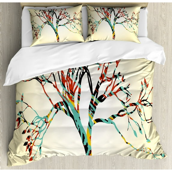 Modern Duvet Cover Set King Size, Retro Vintage Style Colorful Design on Abstract Black Tree with Leaves Buds Artwork, Decorative 3 Piece Bedding Set with 2 Pillow Shams, Multicolor, by Ambesonne