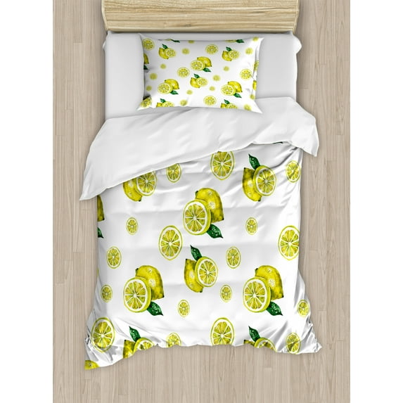 Modern Duvet Cover Set, Lemon with Slices and Leaves Summer Season Fresh Fruit Watercolor, Decorative 2 Piece Bedding Set with 1 Pillow Shams, Twin Size, Yellow Hunter Green, by Ambesonne