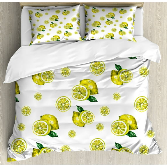 Modern Duvet Cover Set, Lemon with Slices and Leaves Summer Season Fresh Fruit Watercolor, Decorative 3 Piece Bedding Set with 2 Pillow Shams, Queen Size, Yellow Hunter Green, by Ambesonne