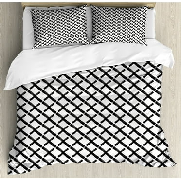 Modern Duvet Cover Set, Math Geometry Inspired Minimalist Design with Brushstrokes Like Art Print, Decorative 3 Piece Bedding Set with 2 Pillow Shams, Calking Size, Charcoal Grey White, by Ambesonne