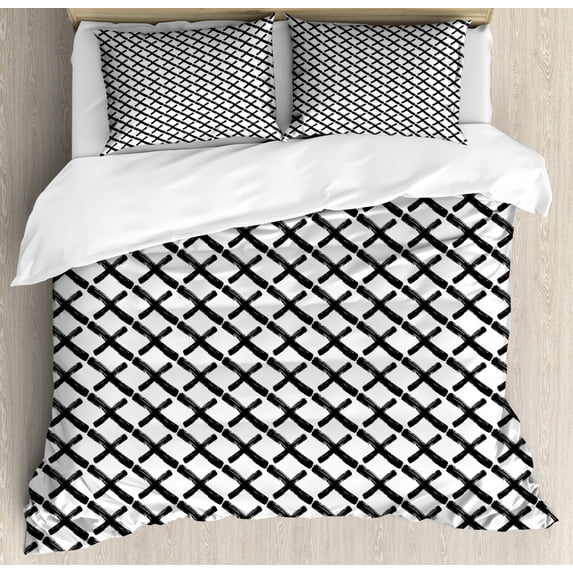 Modern Duvet Cover Set, Math Geometry Inspired Minimalist Design with Brushstrokes Like Art Print, Decorative 3 Piece Bedding Set with 2 Pillow Shams, Queen Size, Charcoal Grey White, by Ambesonne