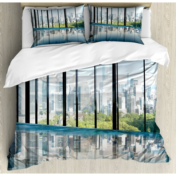 Modern Duvet Cover Set, Metropolitan Cityscape of New York Usa in Central Park Forest Photograph, Decorative 3 Piece Bedding Set with 2 Pillow Shams, Queen Size, Sky Blue and Green, by Ambesonne