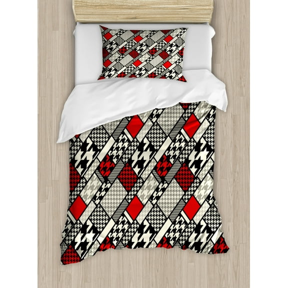 Modern Duvet Cover Set, Minimalist Abstract Pattern with Retro Fashion Geometric Effect, Decorative 2 Piece Bedding Set with 1 Pillow Shams, Twin Size, White Black Red, by Ambesonne