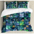thumbnail image 1 of Modern Duvet Cover Set, Mosaic Geometric Style Rainbow Colors Patchwork like Design Art, Decorative 3 Piece Bedding Set with 2 Pillow Shams, Queen Size, Blue Yellow and Green, by Ambesonne, 1 of 3