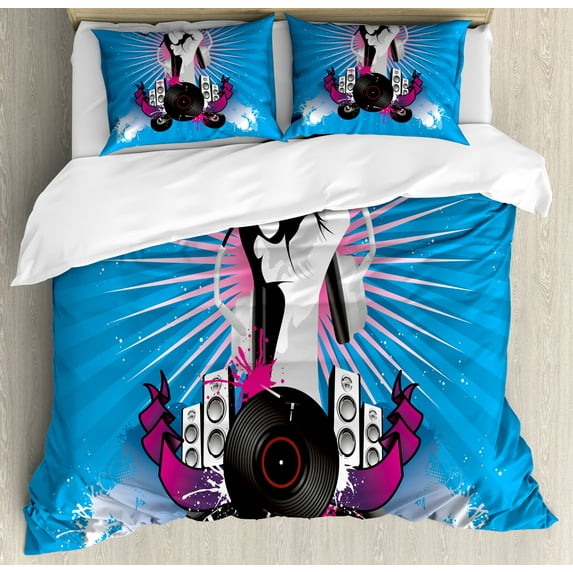 Modern Duvet Cover Set, Music Elements with a Hand Holding Headphone Graffiti Style Illustration, Decorative 3 Piece Bedding Set with 2 Pillow Shams, Queen Size, Blue Fuchsia and Dust, by Ambesonne