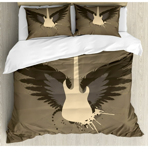 Modern Duvet Cover Set, Music Theme Rock Talent Wings Guitar Instrument Art Print, Decorative 3 Piece Bedding Set with 2 Pillow Shams, King Size, Charcoal Grey Mustard, by Ambesonne