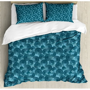 Modern Duvet Cover Set, Nested Circles with Dots in Repeating Form Rounded Circular Tile Pattern Art Illustration, Decorative 3 Piece Bedding Set with 2 Pillow Shams, Calking Size, Blue, by Ambesonne