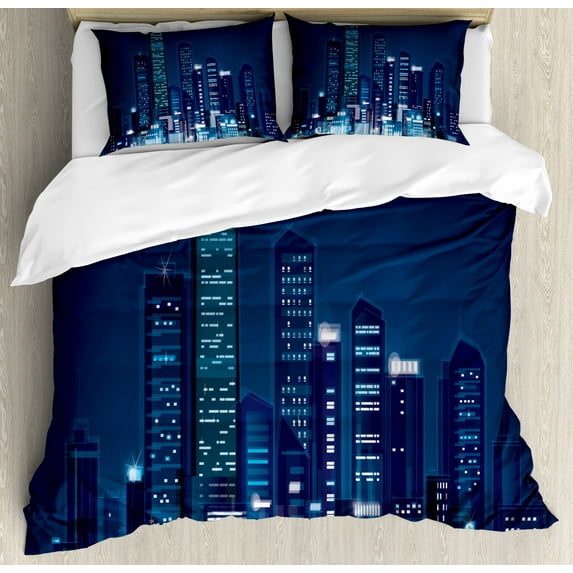 Modern Duvet Cover Set, Night View of Metropolis City with High Skyscrapers Downtown Business Center Image, Decorative 3 Piece Bedding Set with 2 Pillow Shams, King Size, Dark Blue, by Ambesonne