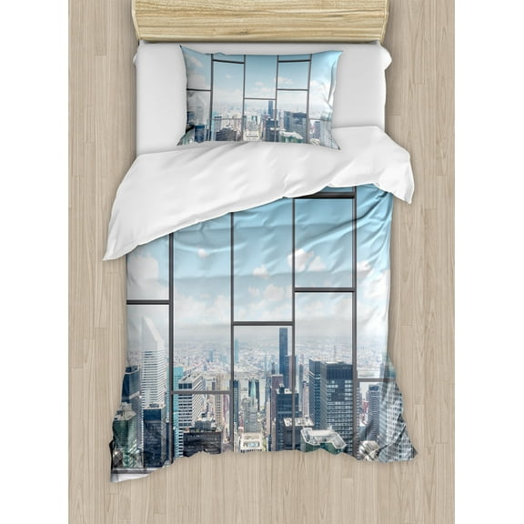 Modern Duvet Cover Set, Office with Big Wide Windows City Building Skyscrapers View Art Photograph, Decorative 2 Piece Bedding Set with 1 Pillow Shams, Twin Size, Sky Blue and Grey, by Ambesonne