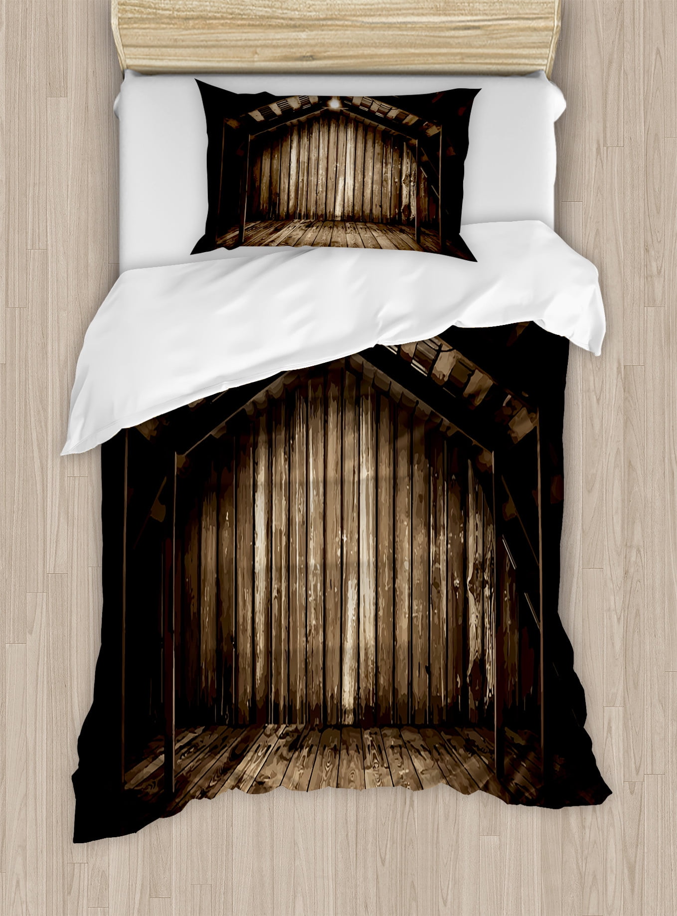 Twin Brown Dark Brown Rustic Wooden Duvet Cover Set