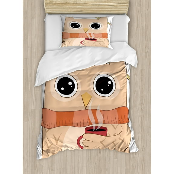 Modern Duvet Cover Set, Owl with a Cup of Coffee and Scarf Student Midterms Humor Illustration, Decorative 2 Piece Bedding Set with 1 Pillow Shams, Twin Size, Cinnamon Sand Brown, by Ambesonne