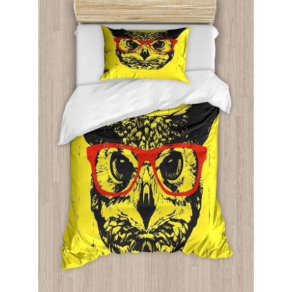 Modern Duvet Cover Set, Owl with Glasses Portrait Hipster Nocturnal Animal Grunge Humor Graphic, Decorative 2 Piece Bedding Set with 1 Pillow Shams, Twin Size, Dark Grey Yellow Red, by Ambesonne