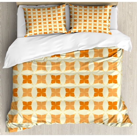 Modern Duvet Cover Set, Pattern of Repetitive Concentric Geometric Shapes in Citrus Style Tones, Decorative 3 Piece Bedding Set with 2 Pillow Shams, King Size, Orange and Pastel Brown, by Ambesonne